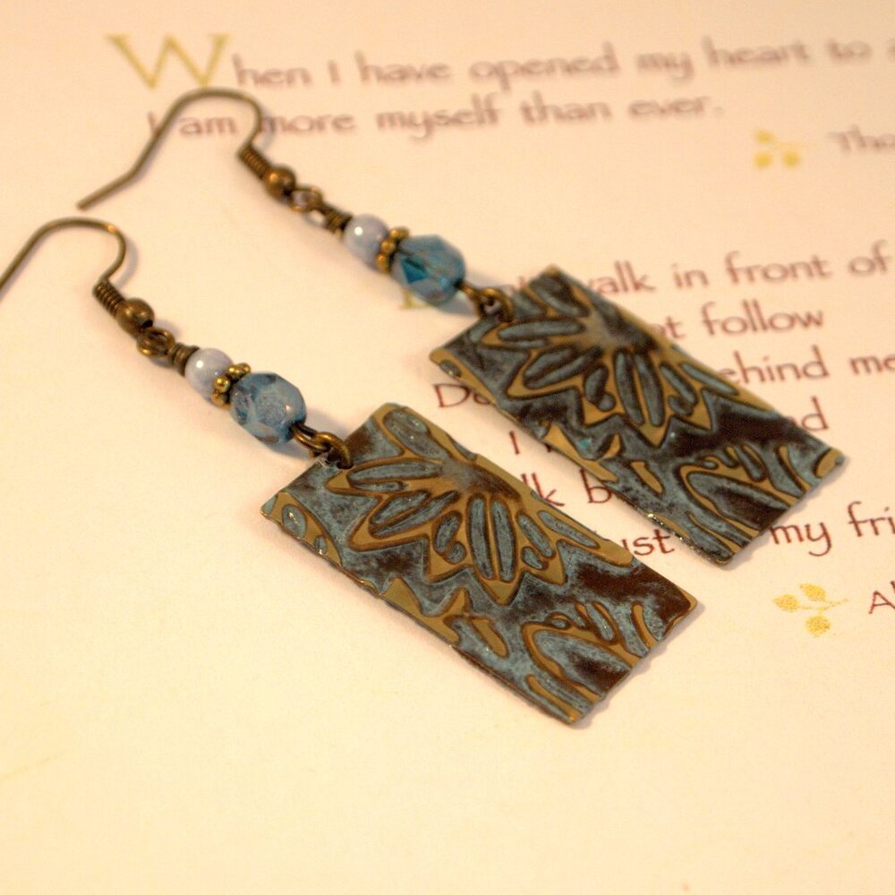 Brass Hand Embossed Earrings Blue Czech Glass Earrings Patina Brass Earrings